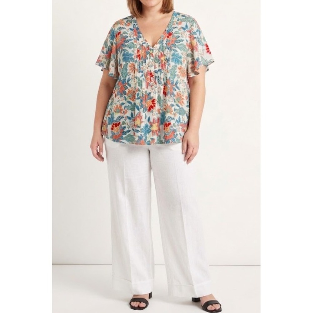 Rose+Olive Blouse Size 3X Multi Floral Paisley V-Neck Button Pintuck Casual